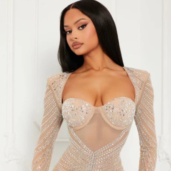 Fashion Nova Sheer Bedazzled Long Sleeve Gown Caught Your Attention Embellished - Picture 3 of 16